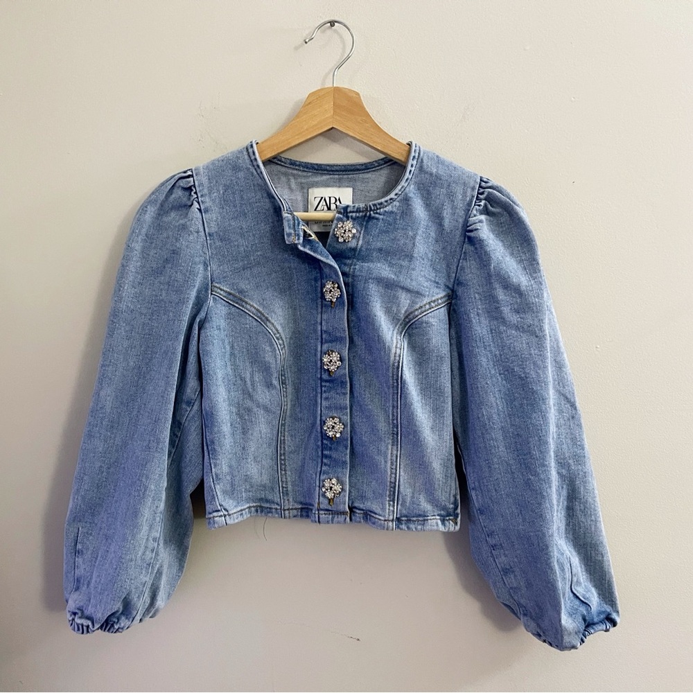 Zara Blue Denim Puff Sleeve Top